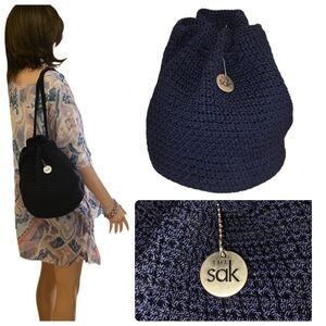 The Sak Crochet Knit Backpack Purse - Midnight Blue Boho EUC
